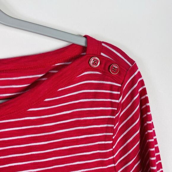 Talbots Size Medium Striped Short Sleeve Button Shoulder Tee Top Pink White - Picture 3 of 5